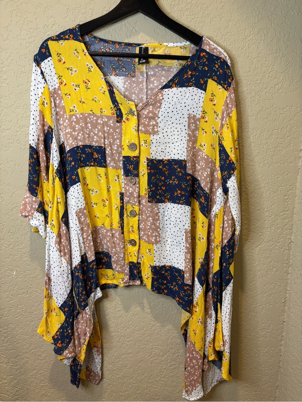 Sacred Threads Yellow Navy White Tan Patchwork Button-Front Top